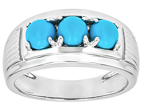 Pre-Owned 5mm Round Cabochon Sleeping Beauty Turquoise Rhodium Over Sterling Silver 3-Stone Mens Rin - Size 9