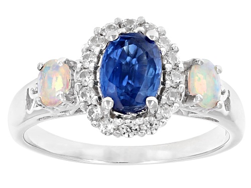 Pre-Owned .89ct Kyanite With .16ct Oval Ethiopian Opal & .28ctw White Zircon Rhodium Over Sterling S - Size 8