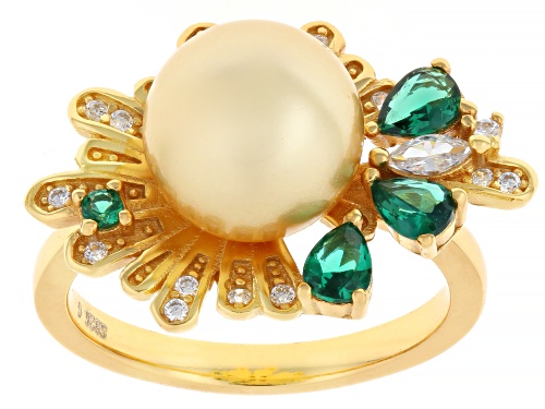 Pre-Owned Pearlfection® 10mm Golden South Sea Simulant With Bella Luce® 18k Yellow Gold Over Silver - Size 7