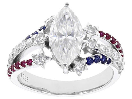 Pre-Owned MOISSANITE FIRE® 2.46CTW DEW WITH LAB  RUBY AND LAB BLUE SAPPHIRE PLATINEVE® RING - Size 7