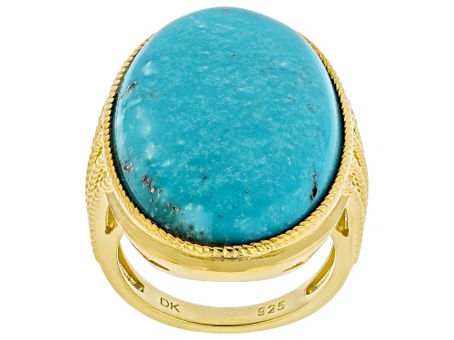 Pre-Owned 28x18mm Oval Cabochon Blue Kingman 18k Yellow Gold Over Sterling Silver Solitaire Ring - Size 8