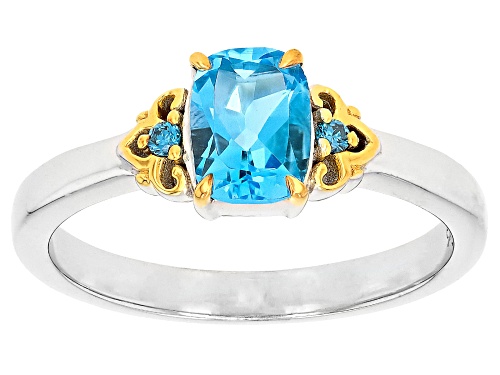 Pre-Owned 1.02ct Swiss Blue Topaz with 0.02ctw Prazana® Lab Grown Diamonds Rhodium & 18k Gold Over S - Size 6
