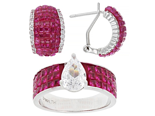 Pre-Owned Bella Luce® 3.95ctw Ruby and White Diamond Simulants Rhodium Over Brass Ring and Earring S