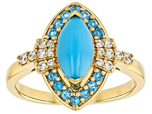 Pre-Owned 10x5mm Sleeping Beauty Turquoise, Neon Apatite, Zircon 18k Yellow Gold Over Sterling Silve - Size 9