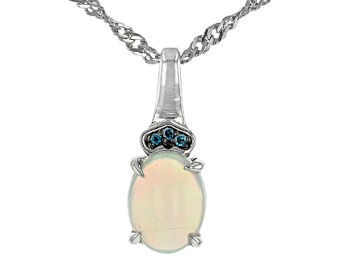 Pre-Owned 0.71ct Ethiopian Opal With Blue Diamond Accent Rhodium Over Sterling Silver Pendant With C
