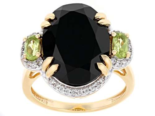 Pre-Owned 9.35ct Black Spinel, 0.48ctw Peridot, 0.26ctw White Zircon 18k Gold Over Sterling Silver R - Size 8