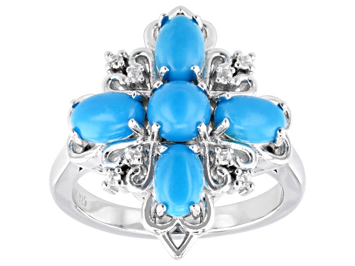 Pre-Owned Blue Sleeping Beauty Turquoise with 0.07ctw White Zircon Rhodium Over Sterling Silver Ring - Size 8