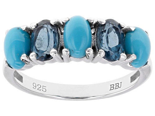 Pre-Owned 6x4mm Sleeping Beauty Turquoise with .90ctw London Blue Topaz Rhodium Over Sterling Silver - Size 7