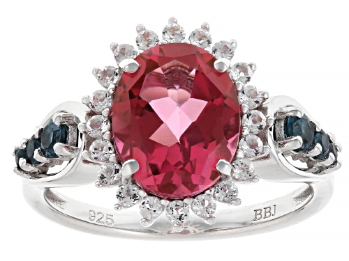 Pre-Owned 3.41ctw Pink Topaz with London Blue and White Topaz Rhodium Over Sterling Silver Ring - Size 8
