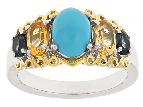 Pre-Owned Sleeping Beauty Turquoise With 1.07ctw Blue Topaz & Citrine Rhodium & 18K Gold Over Silver - Size 10