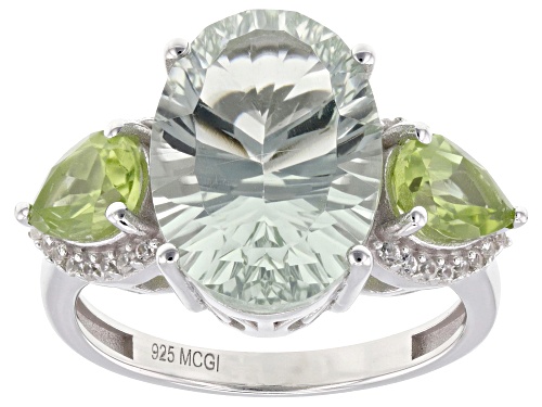Pre-Owned 5.58ctw Concave Cut Prasiolite with Manchurian Peridot™ & White Zircon Rhodium Over Silver - Size 7