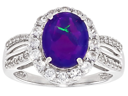 Pre-Owned 1.366ct Purple Ethiopian Opal With 0.74ctw White Zircon Rhodium Over Sterling Silver Ring - Size 7
