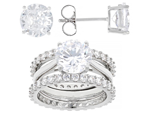 Pre-Owned Bella Luce® 13.28ctw White Diamond Simulant Rhodium Over Brass Ring and Stud Set