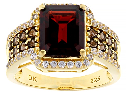 Pre-Owned 3.40ct Garnet with 0.54ctw Smoky Quartz & 0.34ctw White Zircon 18k Yellow Gold Over Silver - Size 10