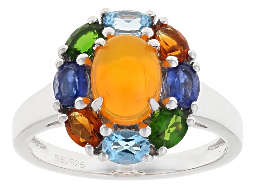Pre-Owned 0.74ct Orange Ethiopian Opal with 1.38ctw Multi-Gemstone Rhodium Over Sterling Silver Ring - Size 7