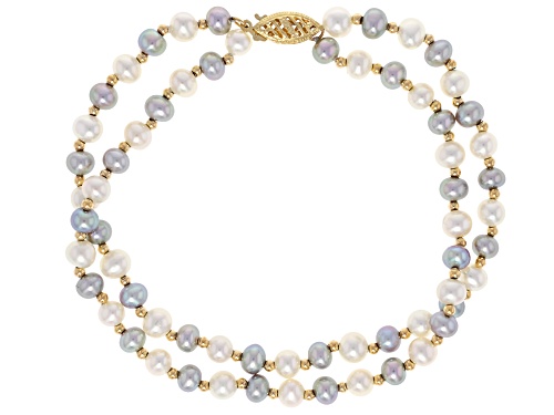 Pre-Owned 5mm White And Platinum Cultured Freshwater Pearl 14k Yellow Gold 2-Row Bracelet