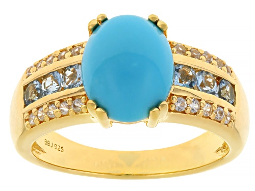 Pre-Owned 10x8mm Sleeping Beauty Turquoise With 0.58ctw Aquamarine & White Zircon 18K Gold Over Silv - Size 8