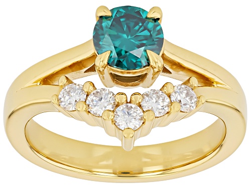 Pre-Owned MOISSANITE FIRE® AND GREEN MOISSAINITE 1.10CTW DEW ROUND 14K YELLOW GOLD OVER SILVER RING - Size 8