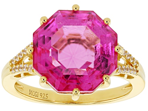 Pre-Owned 6.12ct Hot Pink Quartz with 0.10ctw White Zircon 18K Yellow Gold Over Sterling Silver Ring - Size 7