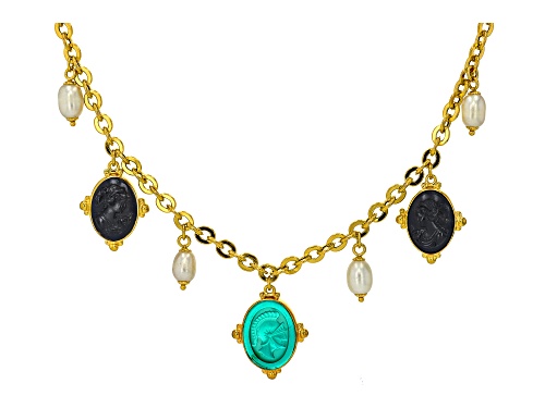 Pre-Owned Tagliamonte 18k Yellow Gold Over Silver Venetian Glass Cameo, Cultured Freshwater Pearl Ne - Size 18