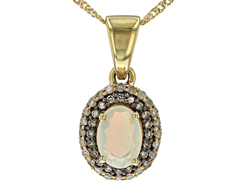 Pre-Owned 0.51ct Ethiopian Opal With 0.19ctw Diamond 10k Yellow Gold Pendant With Chain