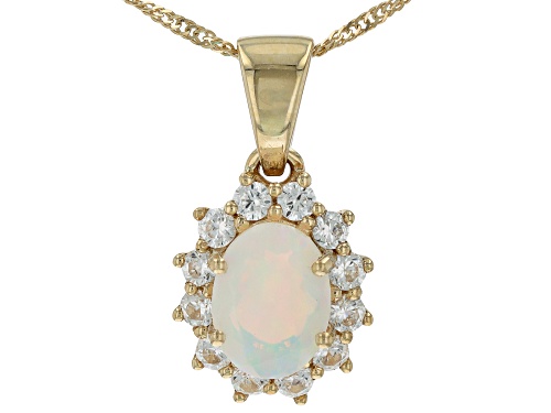 Pre-Owned 0.73ct Ethiopian Opal With 0.51ctw White Zircon 10k Yellow Gold Pendant With Chain