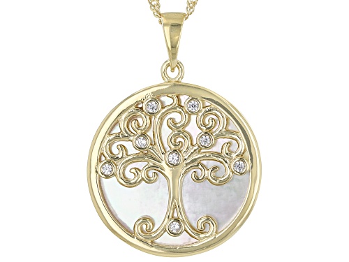 Pre-Owned 20mm Mother-Of-Pearl With 0.10ctw White Zircon 18k Yellow Gold Over Silver Tree Of Life Pe