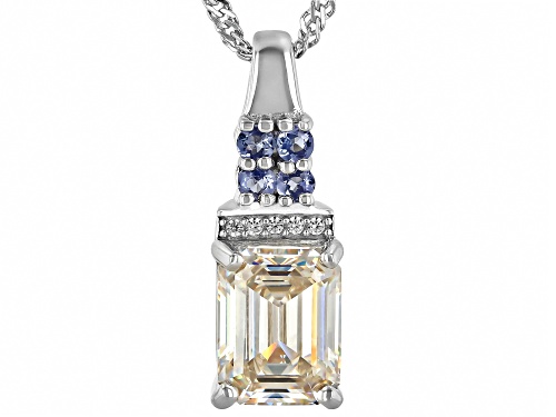 Pre-Owned 3.32ct Emerald Cut Strontium Titanite, Tanzanite With Zircon Rhodium Over Silver Pendant/C
