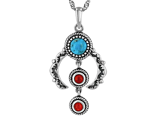 Pre-Owned Southwest Style by JTV™ 10mm Turquoise & Sponge Coral Silver Squash Blossom Pendant With C
