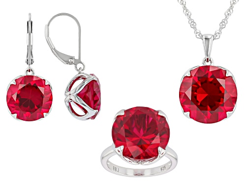 Pre-Owned 41.00ctw Round Lab Created Ruby Rhodium Over Silver Set of Ring, Earrings and Pendant with