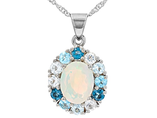 Pre-Owned 2.58ctw Ethiopian Opal & Swiss, Glacier, & London Blue Topaz Platinum Over Silver Pendant