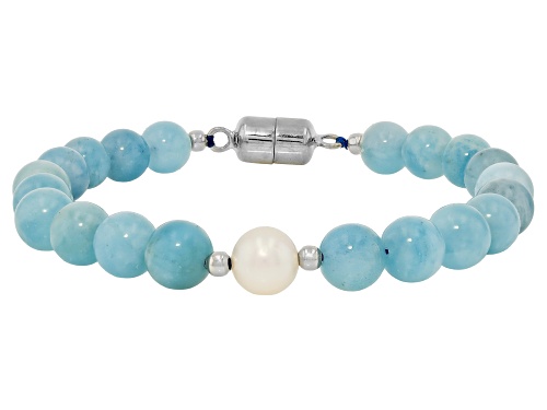 Pre-Owned 7-9.5mm Aquamarine Approximately 8mm Cultured Freshwater Pearl Rhodium Over Silver Bracele - Size 7.25