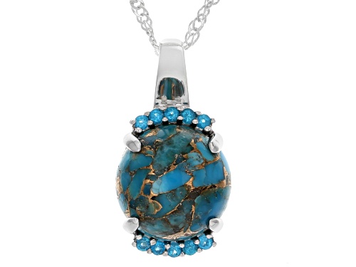 Pre-Owned 12mm Blue Turquoise with 0.16ctw Neon Apatite Rhodium Over Sterling Silver Pendant with Ch