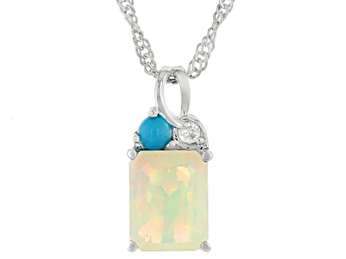 Pre-Owned 1.35ct Opal with Sleeping Beauty Turquoise and 0.02ctw Zircon Rhodium Over Silver Pendant