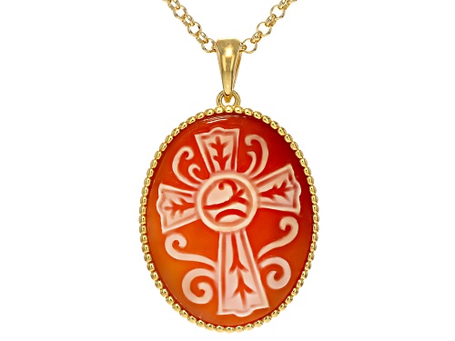 Pre-Owned Cameoso™ 18k Yellow Gold Over Bronze Cross Carving with Beaded Frame Pendant on Rolo Chain