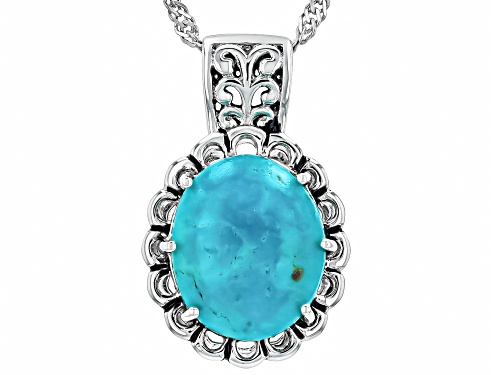Pre-Owned 12x10mm Oval Cabochon Composite Blue Kingman Turquoise Silver Solitaire Pendant With Chain