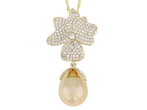 Pre-Owned 11mm Golden Cultured South Sea Pearl With Zircon 18k Gold Over Sterling Silver Pendant Wit