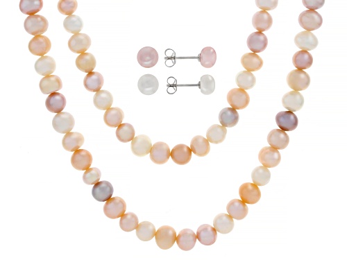 Pre-Owned 5-6mm Multi-Color Cultured Freshwater Pearl Rhodium Over Silver 18 Inch Strand & Earring S
