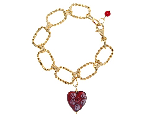 Pre-Owned 18k Yellow Gold Over Sterling Silver Red Swirl Murano Glass Heart Charm Bracelet - Size 7.5
