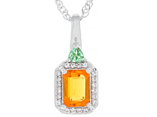 Pre-Owned 0.61ct Fire Opal with .10ct Tsavorite & 0.08ctw White Zircon Rhodium Over Silver Pendant w