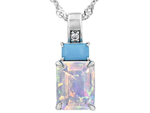 Pre-Owned 1.35ct Ethiopian Opal, Sleeping Beauty Turquoise, 0.02ctw Zircon Rhodium Over Silver Penda