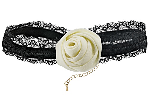 Pre-Owned Off Park® Collection Ivory Satin Rosette With Black Velvet & Lace Gold Tone Choker Necklac