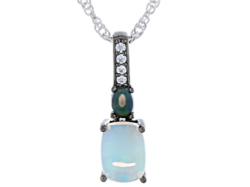 Pre-Owned 0.99ctw White & Black Ethiopian Opal, White Zircon Black Rhodium, Rhodium Over Silver Pend