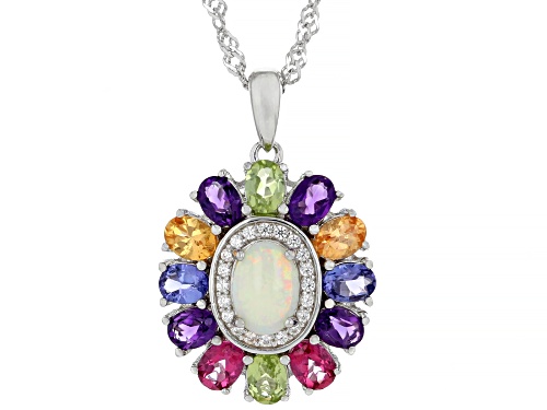 Pre-Owned 7x5mm Australian Coober Pedy Opal with 2.04ctw Multi Gemstones Rhodium Over Silver Pendant