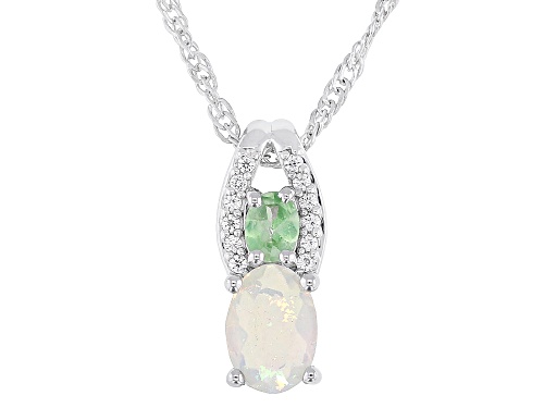 Pre-Owned .40ct Ethiopian Opal with .26ctw Mint Tsavorite & Zircon Rhodium Over Silver Pendant with