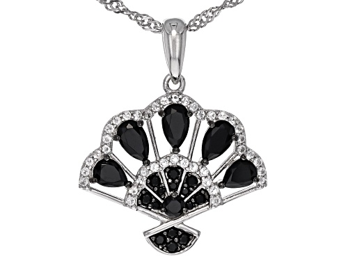 Pre-Owned 0.93ctw Black Spinel And 0.17ctw White Topaz Rhodium Over Sterling Silver Fan Pendant with