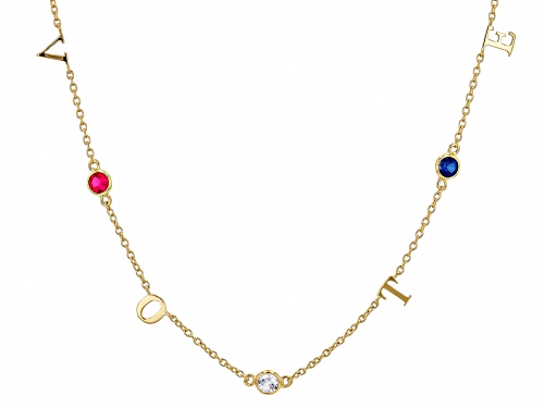 Pre-Owned 0.82ctw Lab Created Ruby, White Sapphire, Blue Sapphire 18k Yellow Gold Over Silver "VOTE" - Size 18