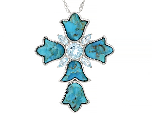 Pre-Owned 11x10mm Turquoise with 1.62ctw Glacier Topaz™ Rhodium Over Sterling Silver Pendant with Ch
