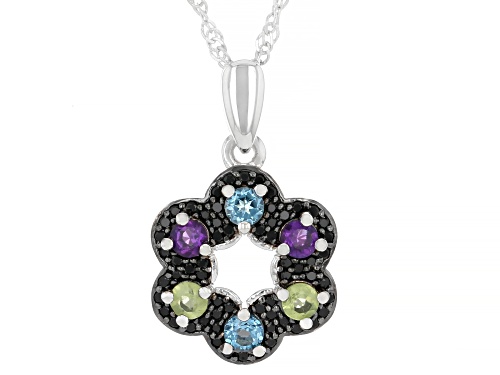 Pre-Owned 1.53ctw Black Spinel, Swiss Blue Topaz, Amethyst, Peridot Rhodium Over Silver Pendant Chai