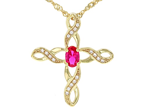 Pre-Owned 0.37ct Lab Ruby, 0.10ctw White Zircon 18k Yellow Gold Over Sterling Silver Pendant With Ch